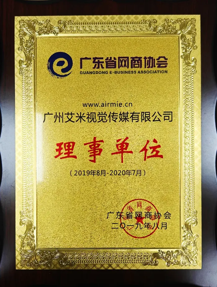 艾米视觉广东省网商协会理事单位牌匾（2019年8月-2020年7月任期）
