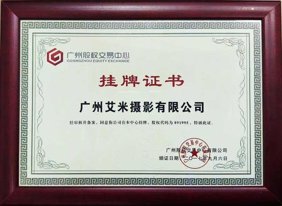 艾米视觉广州股权交易中心挂牌证书（股权代码891995，2017年9月颁发）